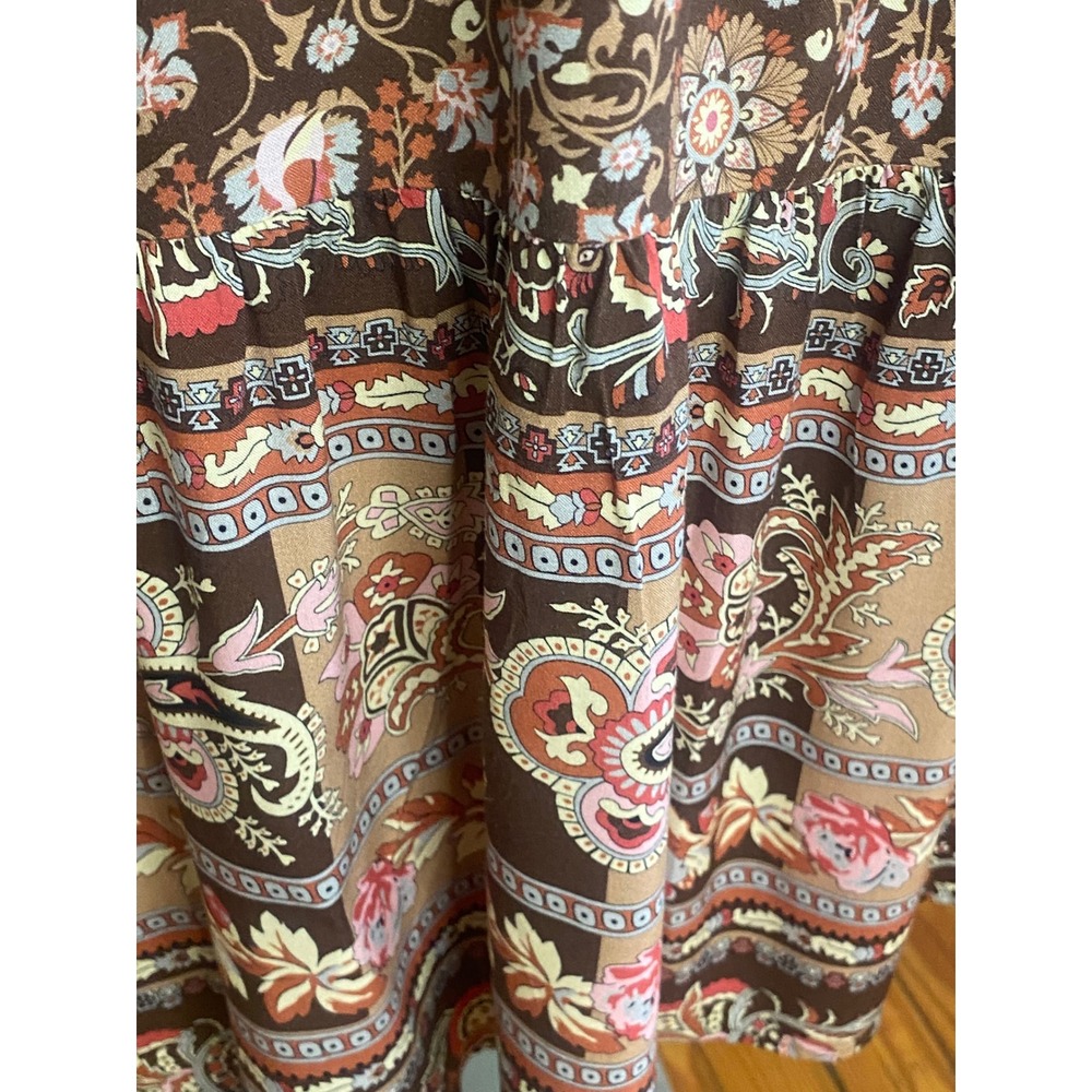 Tribal dress Brown Paisley Floral Tiered‎ Midi Dress Long Sleeve Boho Size L - Picture 6 of 8